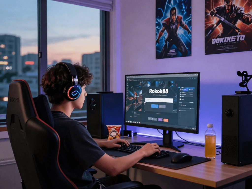 Rokok88 login interface displayed on a gaming monitor with relaxed player in a cozy gaming setup.
