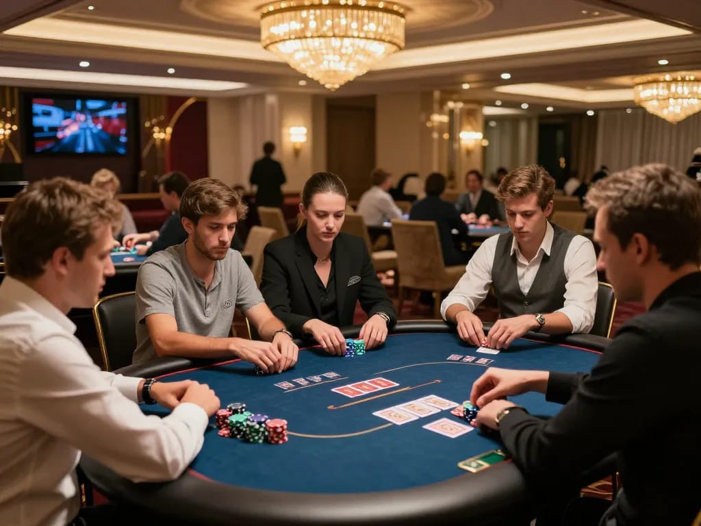 Các cầu thủ ưu tú của Hit Club đang xây dựng chiến lược tại bàn poker cao cấp trong casino sang trọng
