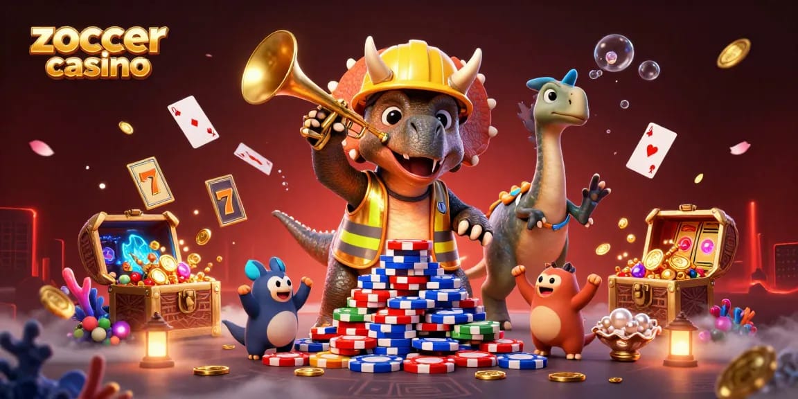 Zoccer Casino brings excitement with a 3D triceratops building poker chips, surrounded by gaming treasures.