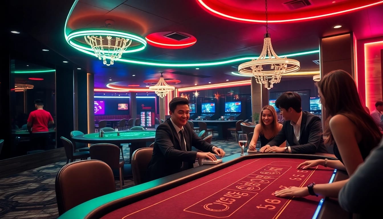 Erleben Sie einen aufregenden Casino Bonus mit lebendigen Lichtern und glücklichen Spielern an Spieltischen.