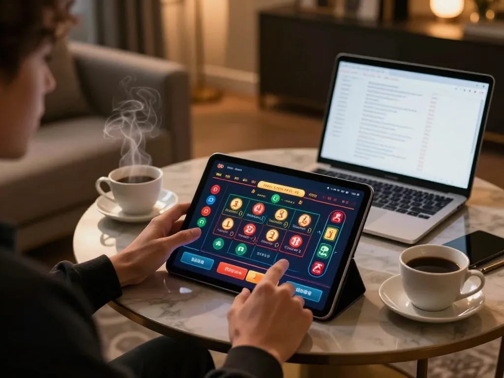 Player analyzing their betting strategy using KI Detektor deutsch on a tablet in a modern gaming space.
