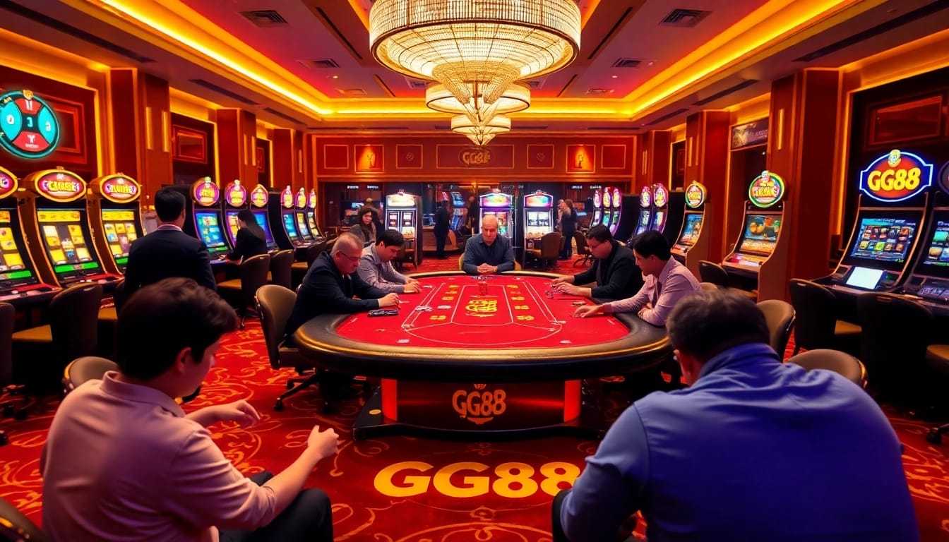 Experience exhilarating casino action at GG88, featuring vibrant poker gameplay, chips, and classic table games.