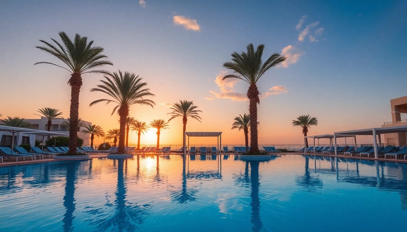 Genießen Sie das luxuriöse Poolareal im Club Jandia Princess mit entspannender Atmosphäre und traumhaften Sonnenuntergängen.