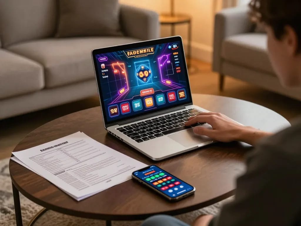 Engaging online gaming scene featuring man88 casino interface on a laptop with strategy notes.