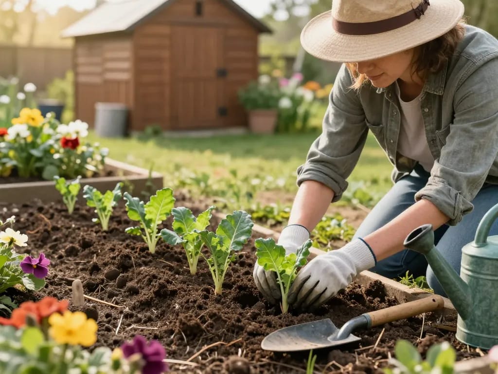 Lauch pflanzen kaufen: Gardener planting young lauch seedlings in a sunny backyard garden.