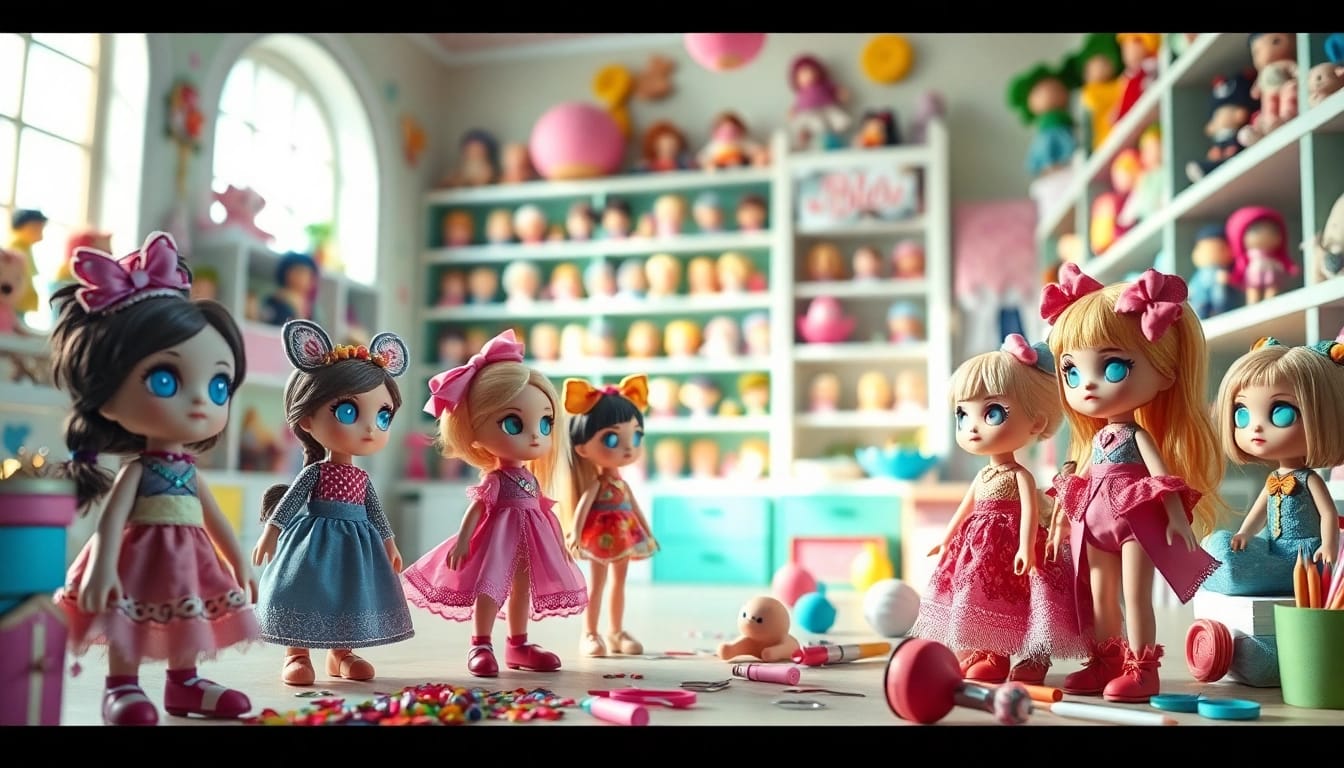 Die einzigartigen Gutdolls Sammelpuppen in einem bunten und kreativen Umfeld präsentieren.