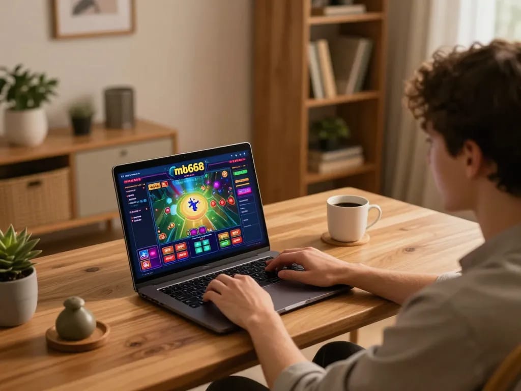Engaged player enjoying mb668 online casino gaming on laptop in cozy home setting