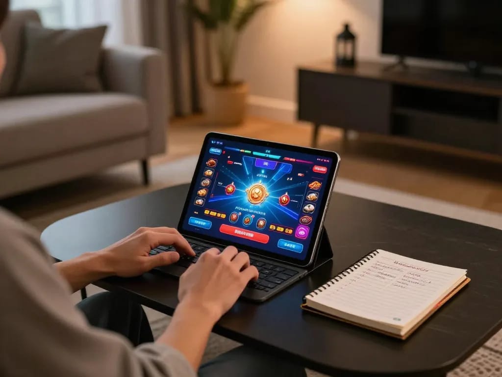 Engaging in online casino gaming on a tablet at home, exploring 78winvina's exciting betting options.