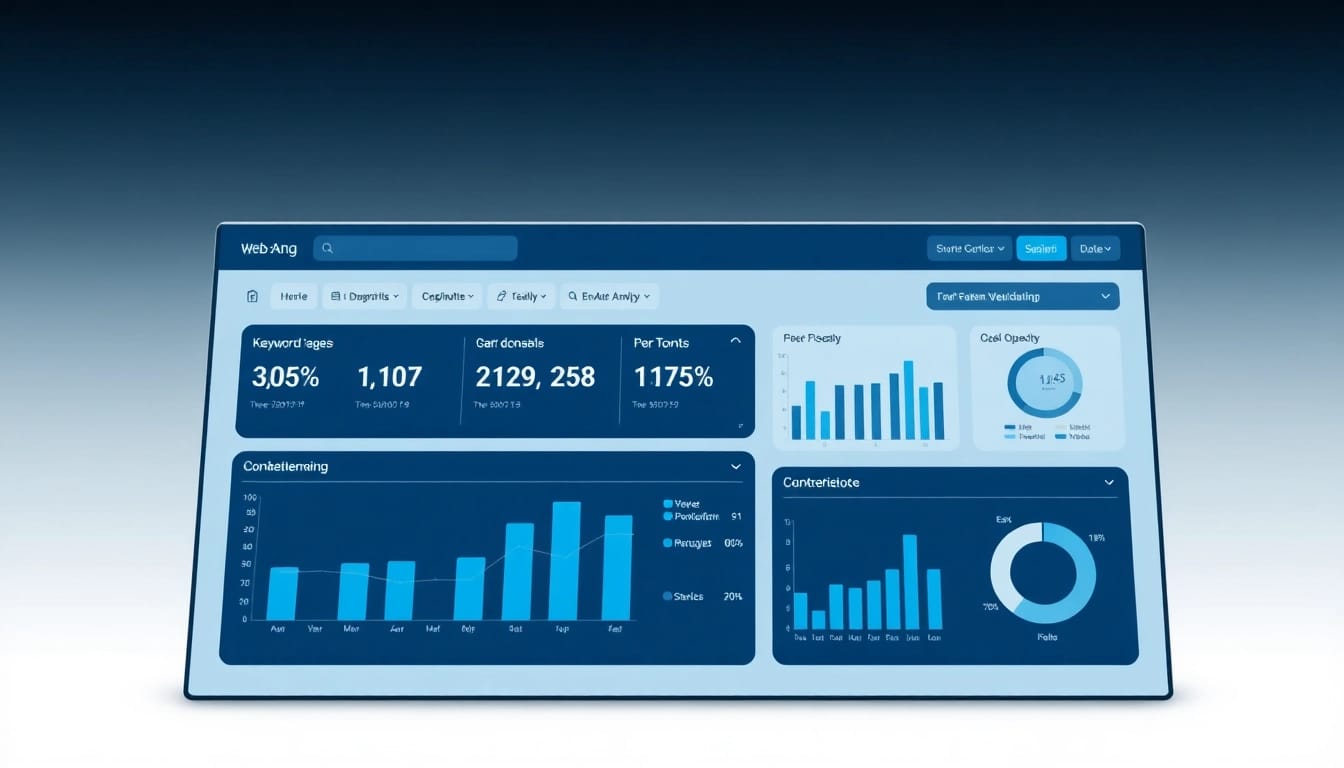 Dashboard-Layout mit Web-Rang-Analyse und Grafiken visuell dargestellt.