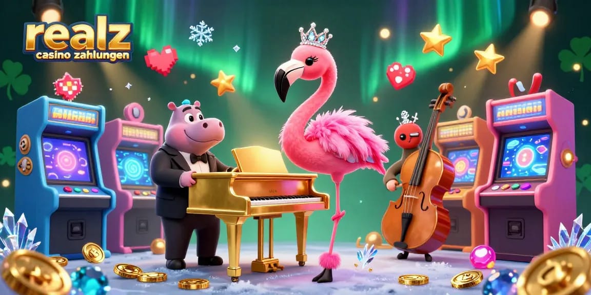 Erlebe die Realz Casino Zahlungen mit farbenfrohen Spielautomaten und musikalischen Charakteren in einer lebhaften Casino-Szene.