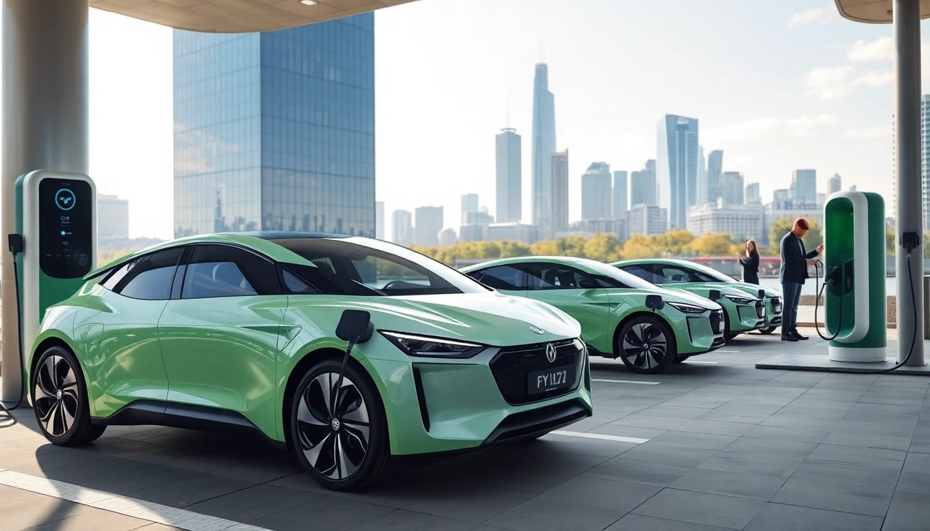 Elektroautos charging at a modern station surrounded by a vibrant cityscape.