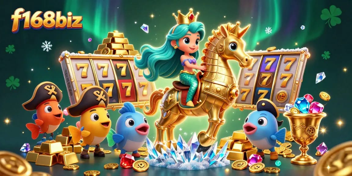 Experience thrilling slots at f168biz with colorful characters and dynamic casino elements surrounding a magical underwater scene.