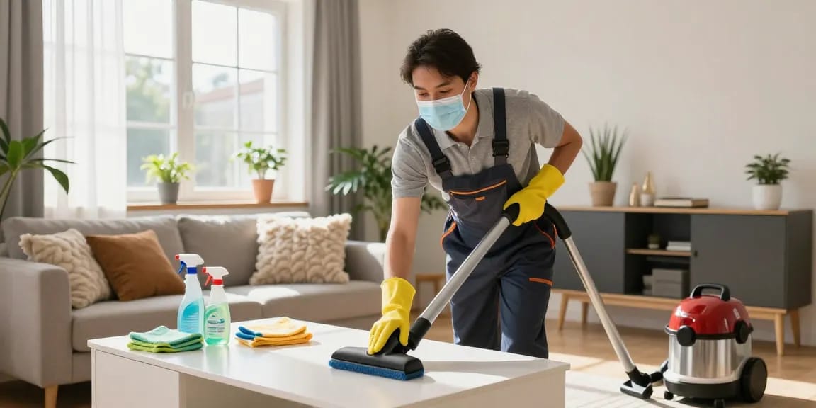 Professional cleaning service by putzfirma bern in a sunny living room, showcasing a clean and tidy space with eco-friendly supplies.
