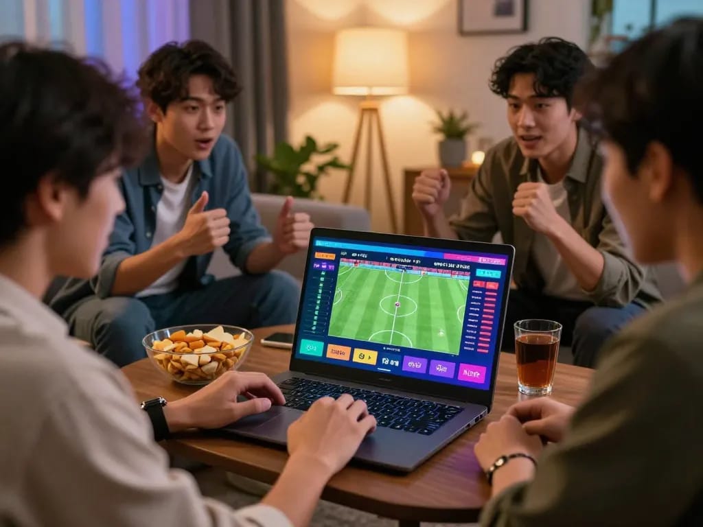 Engaging scene of soi kèo bóng đá betting strategies in a cozy living room during a football match.