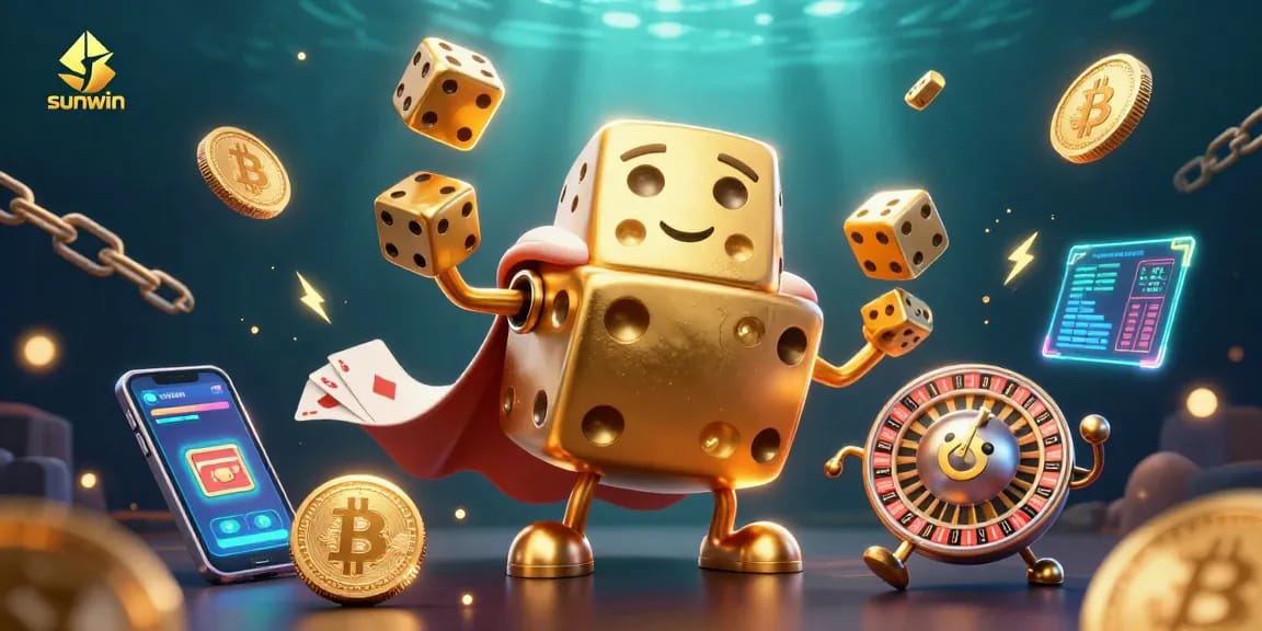 Engage with sunwin's dynamic golden dice golem and cryptocurrency elements in a vibrant casino scene.