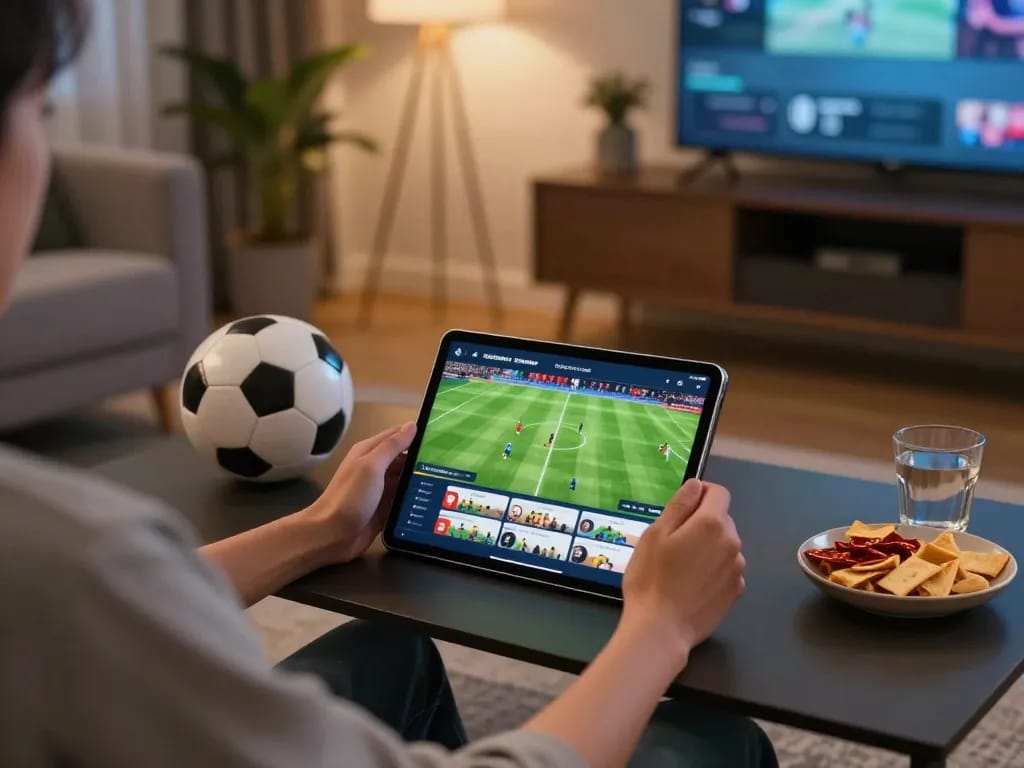 Socolive trực tiếp streaming football match on a tablet in a cozy home setting, showcasing an engaging viewing experience.