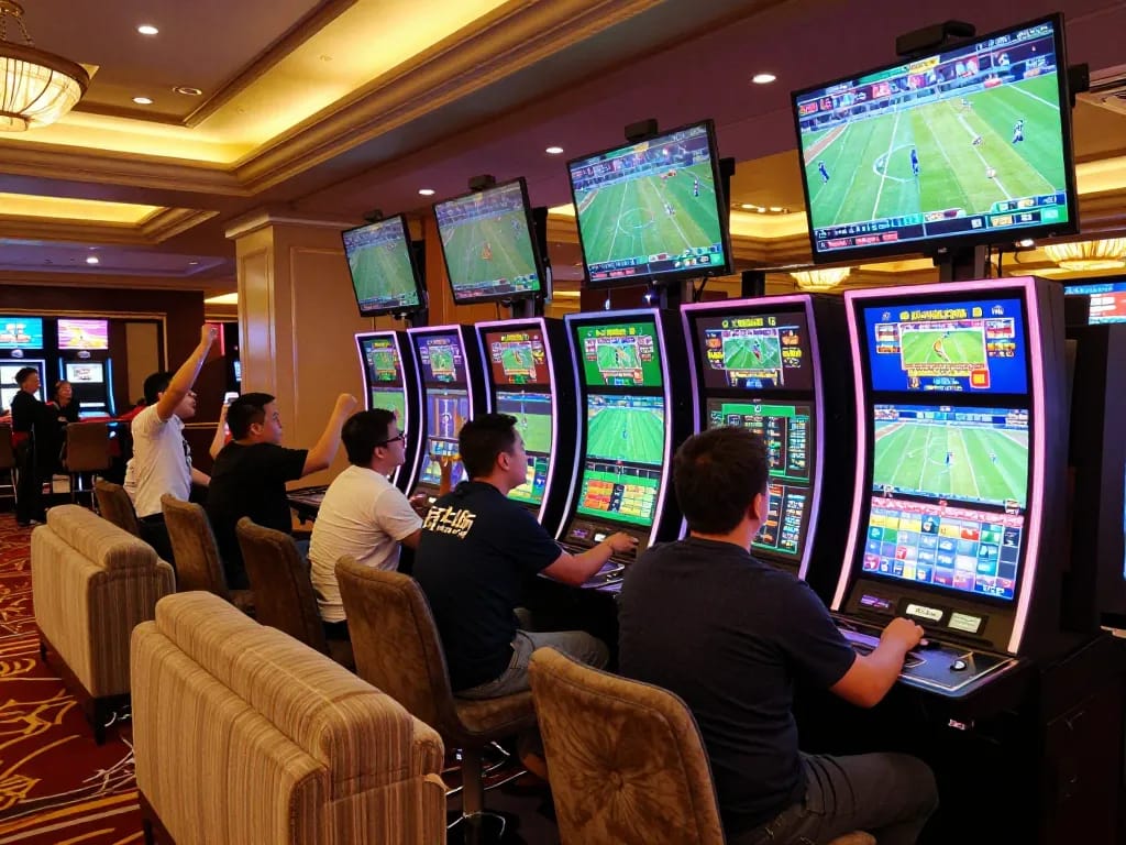 Sports fans placing bets at keonhacaii sportsbook with live event screens