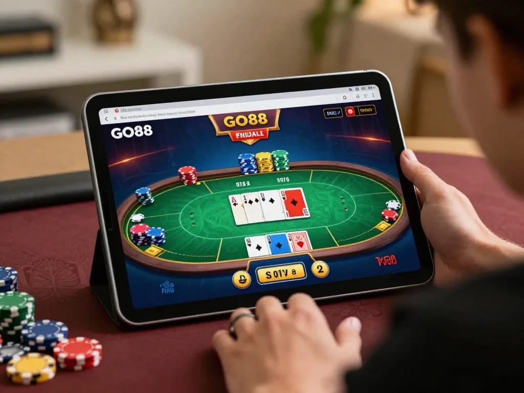 Engaging GO88 online poker gameplay on a tablet, showcasing strategic play in a cozy home setting