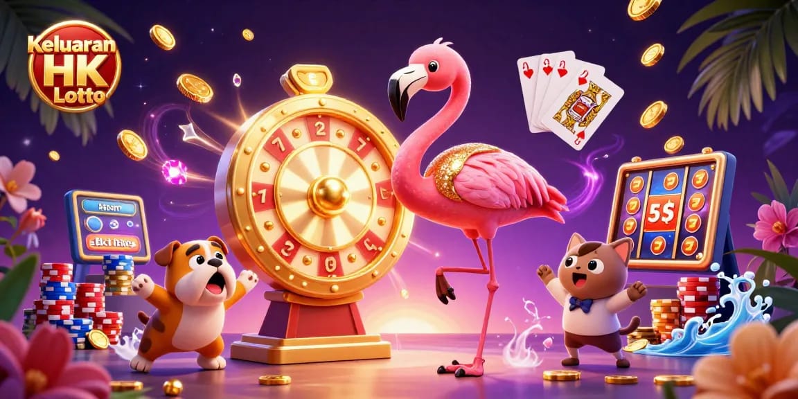 Keluaran Hk Lotto showcases a vibrant cartoon casino scene with a flamingo game show host and cascading coins.