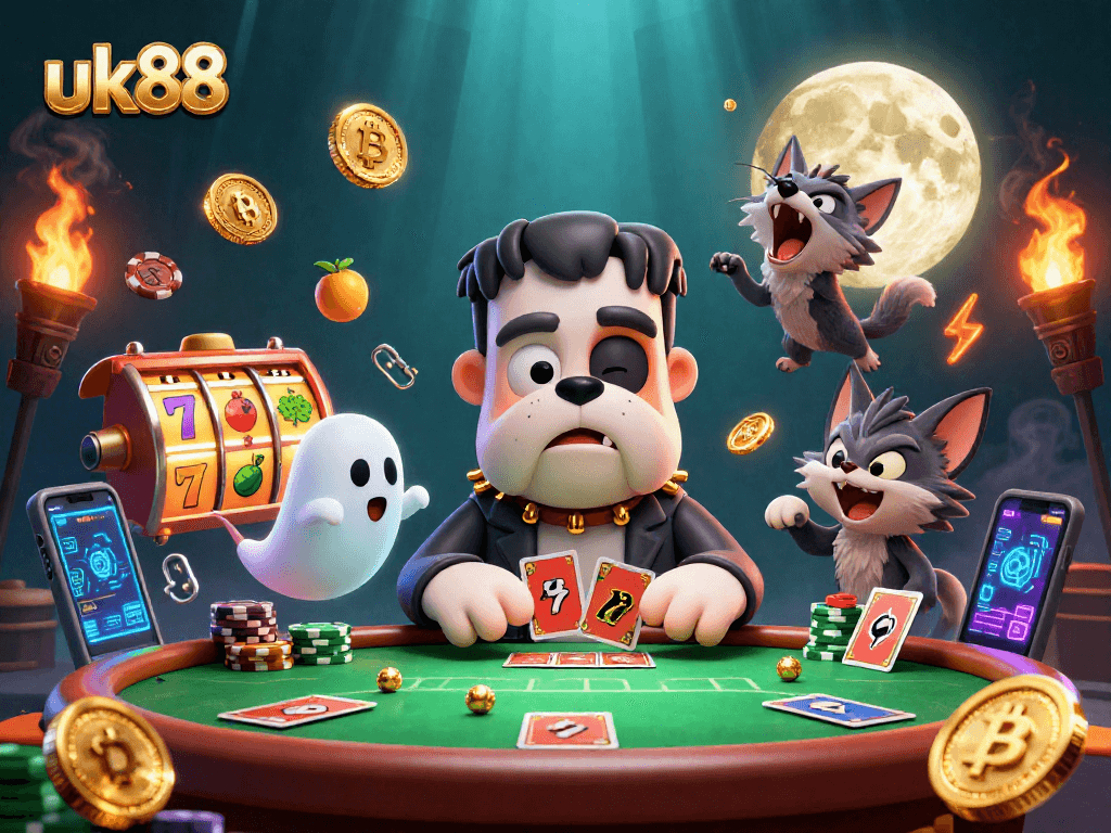 Players engaged at the uk88 poker table dominated by cartoon characters under a ghostly moon.