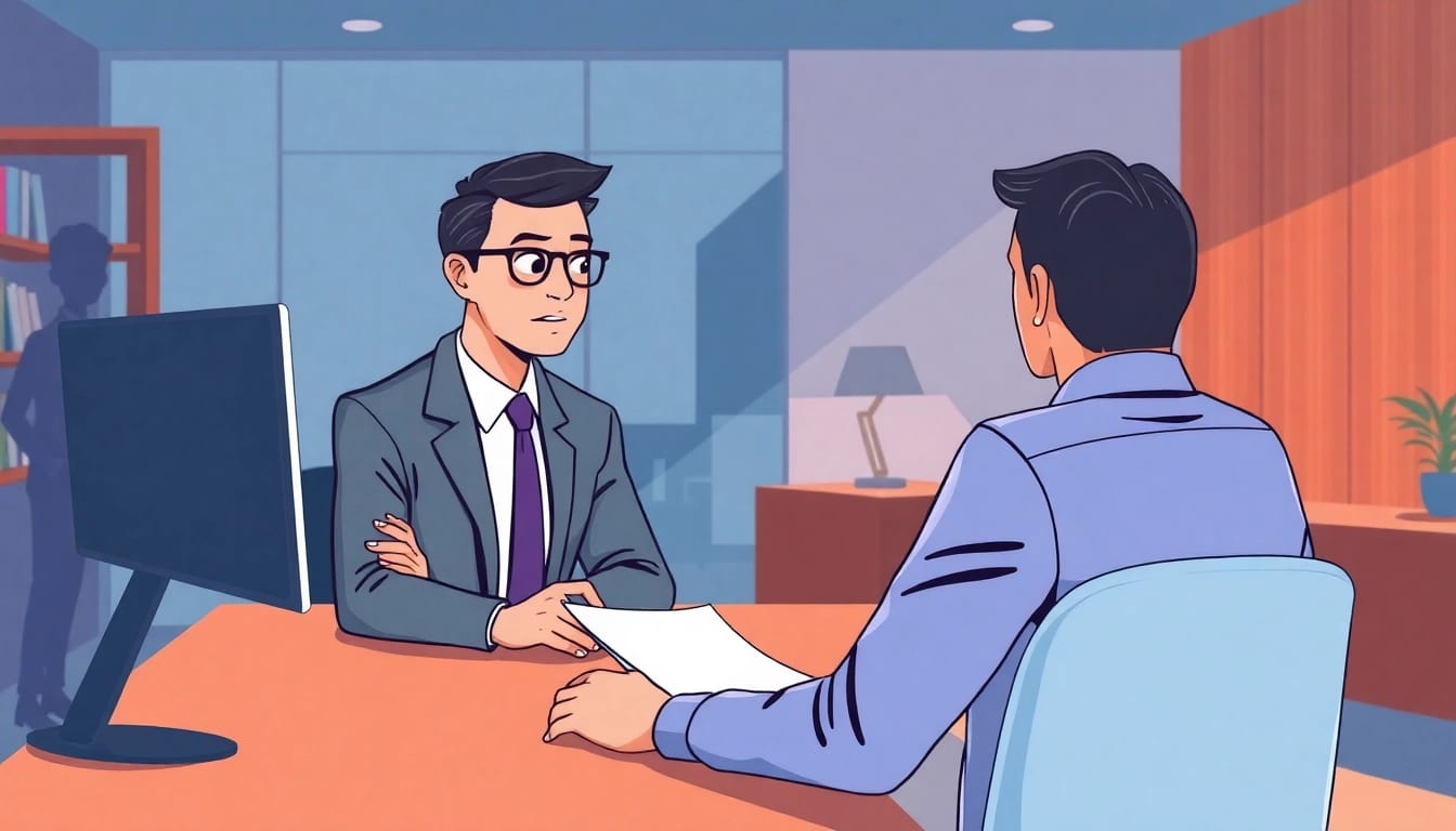 Headhunter conducting an engaging interview with a candidate in a modern office setting.