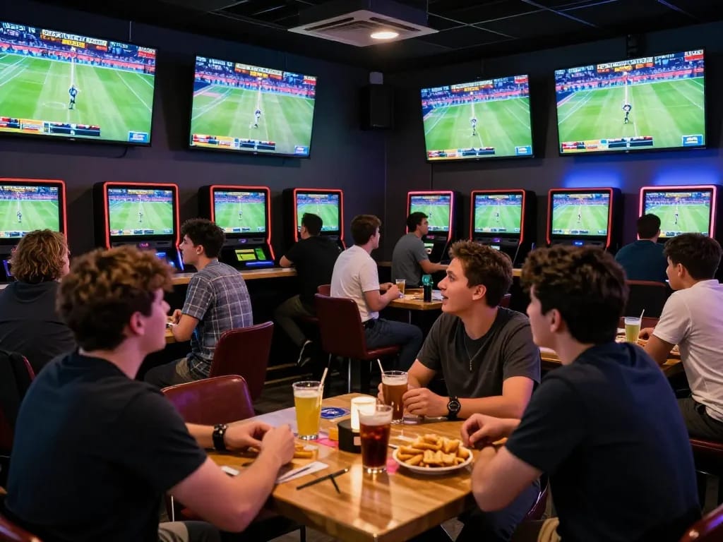 Excited patrons at nhà cái bl555 placing bets in a lively sports bar environment.