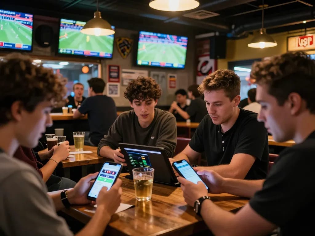 PH22 users engaged in live sports betting, analyzing games and using betting apps in a lively bar setting.