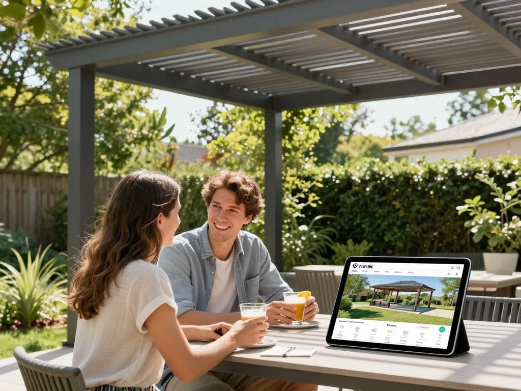 Junges Paar genießt das Leben im Freien unter einer maßgeschneiderten Pergola mit dem Veranda 3D Konfigurator für Designoptionen.