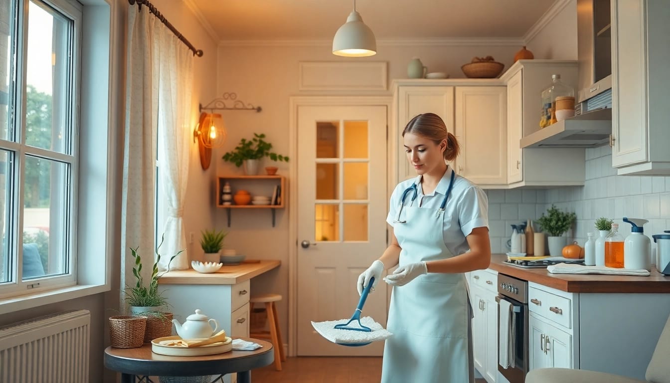 Hauswirtschaft Hameln: A focused housekeeper efficiently organizing a cozy kitchen environment.