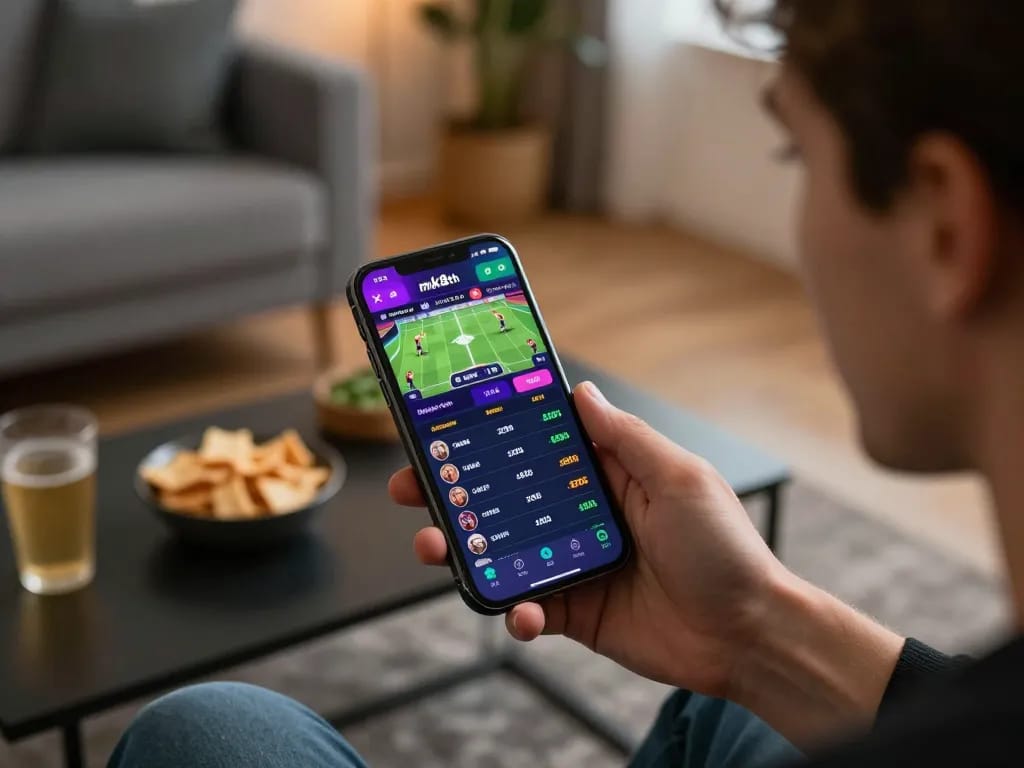 Engaging user placing bets on mk8th app during live sports events, showcasing dynamic online gambling.