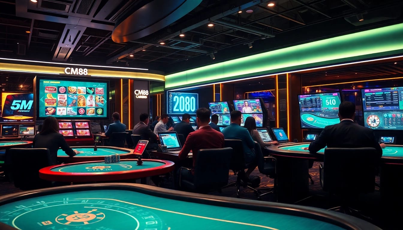 Dynamic online casino scene showcasing CM88 gaming experience with players and high-tech tables.