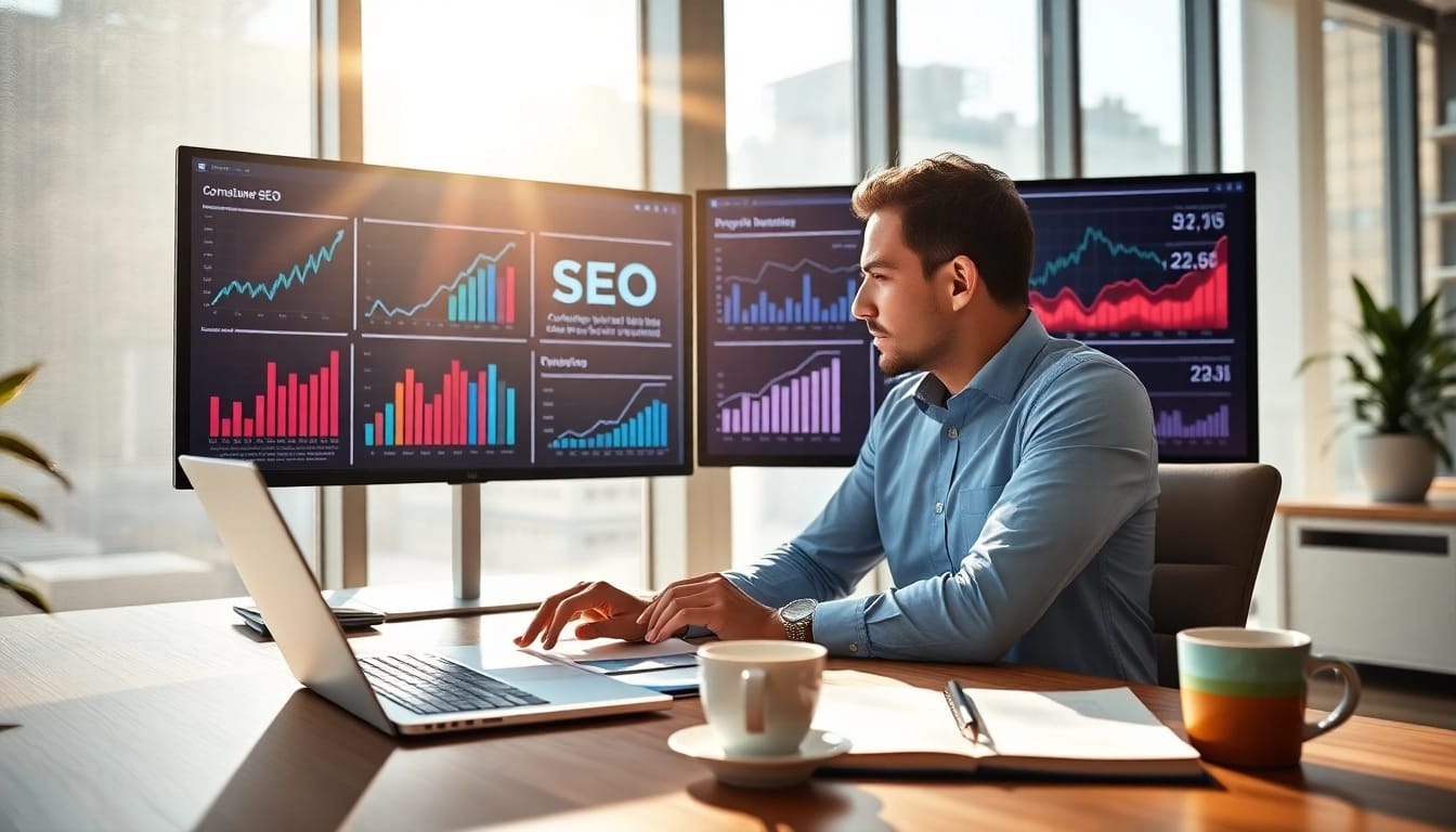 Präsentation effektiver SEO Tipps in einem modernen Büro mit Laptop und Diagrammen.