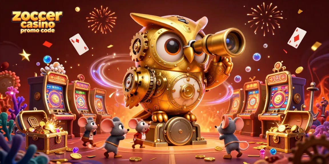 Zoccer Casino Promo Code nutzen: 3D Illustration mit bunten Spielautomaten und goldenen Münzen auf dem Casino-Boden.
