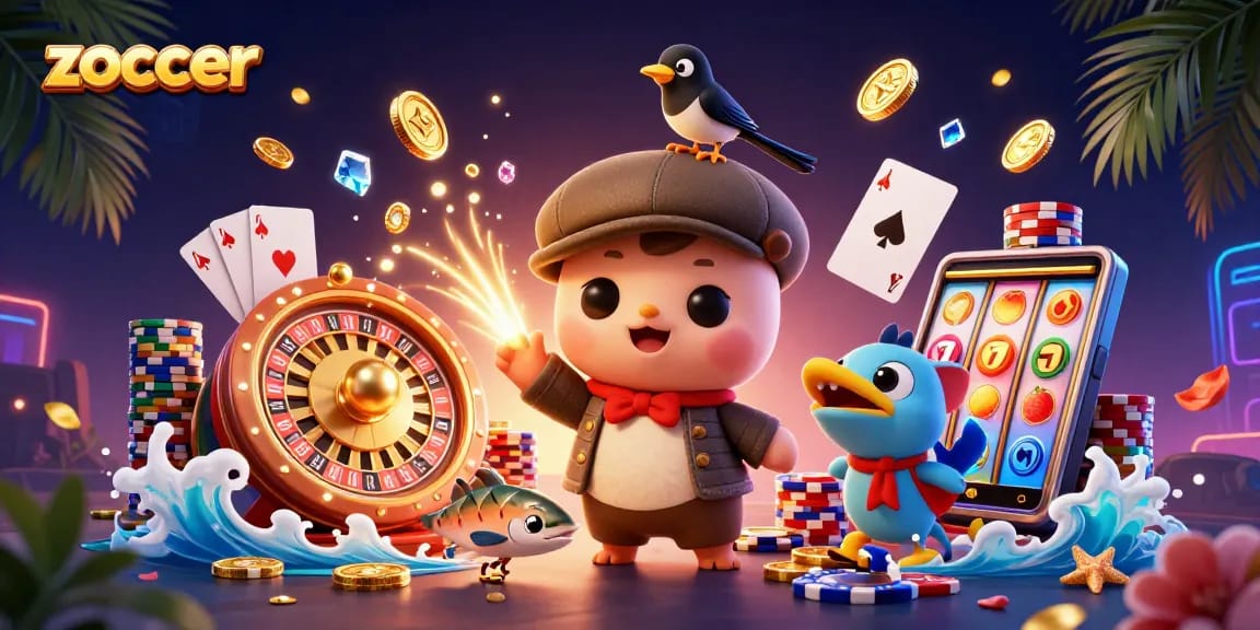 Zoccer casino illustration showcasing vibrant characters and playful gaming elements amidst golden coins and dynamic gambling theme.