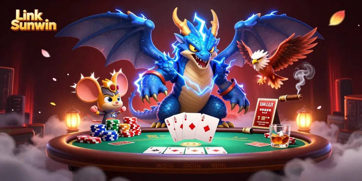 Play thrilling games at Link Sunwin with a vibrant 3D casino scene featuring colorful poker elements.