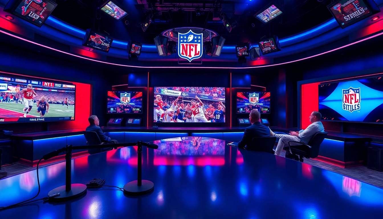Engaging hosts in sports broadcasting studio discussing live games.