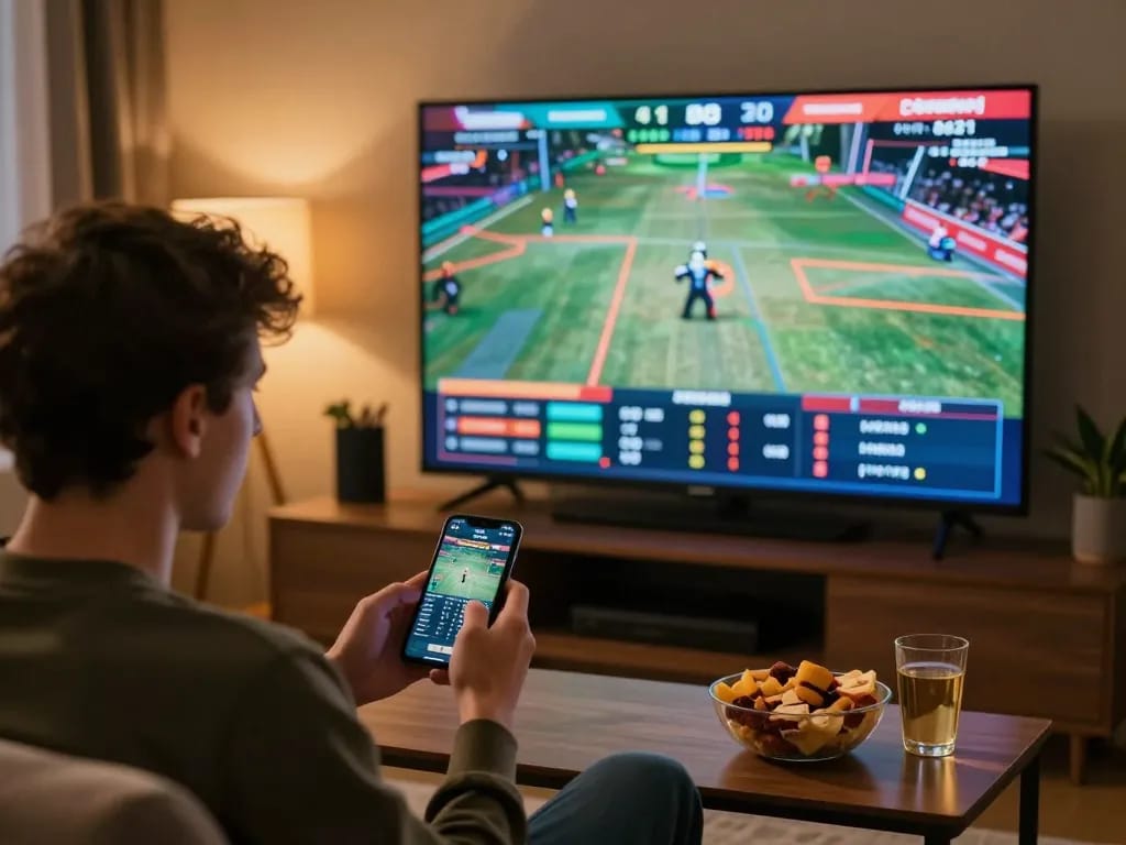 F168 player engaging in online sports betting during a live event with smartphone in hand