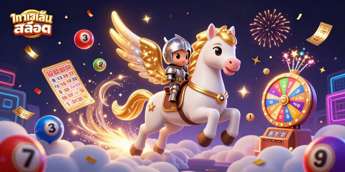 Embark on ทดลองเล่นสล็อต adventures with a 3D celestial horse and knight, surrounded by vibrant game elements and magic.