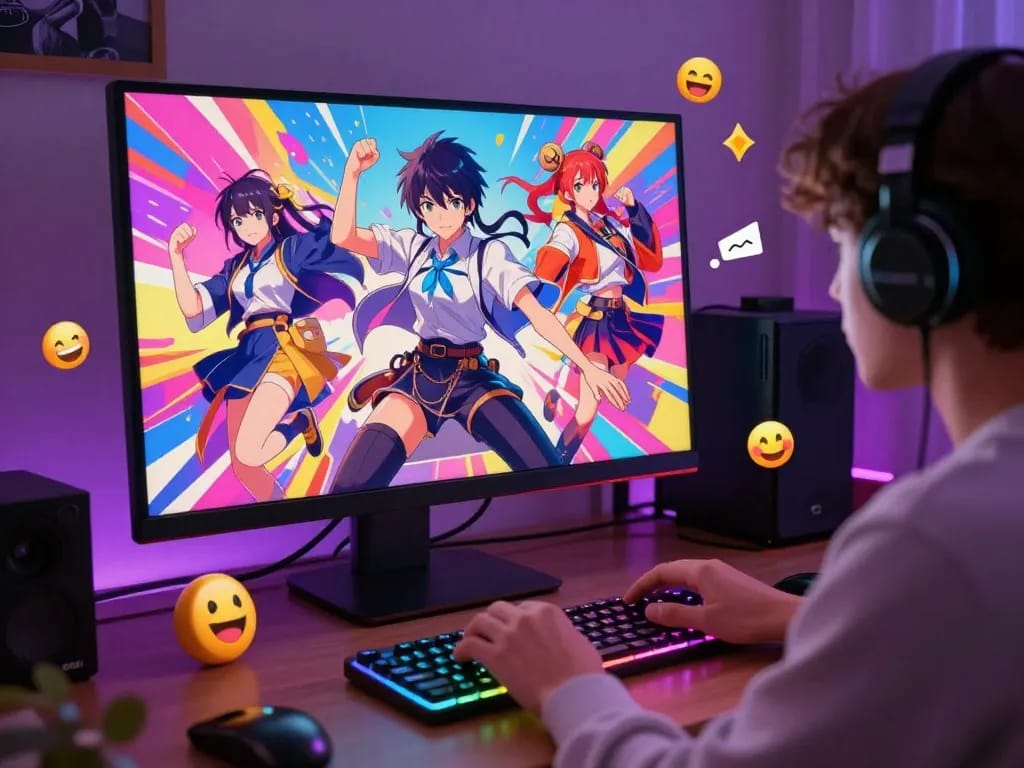 Engaging in hentai AI chat with an animated character in a colorful virtual environment.