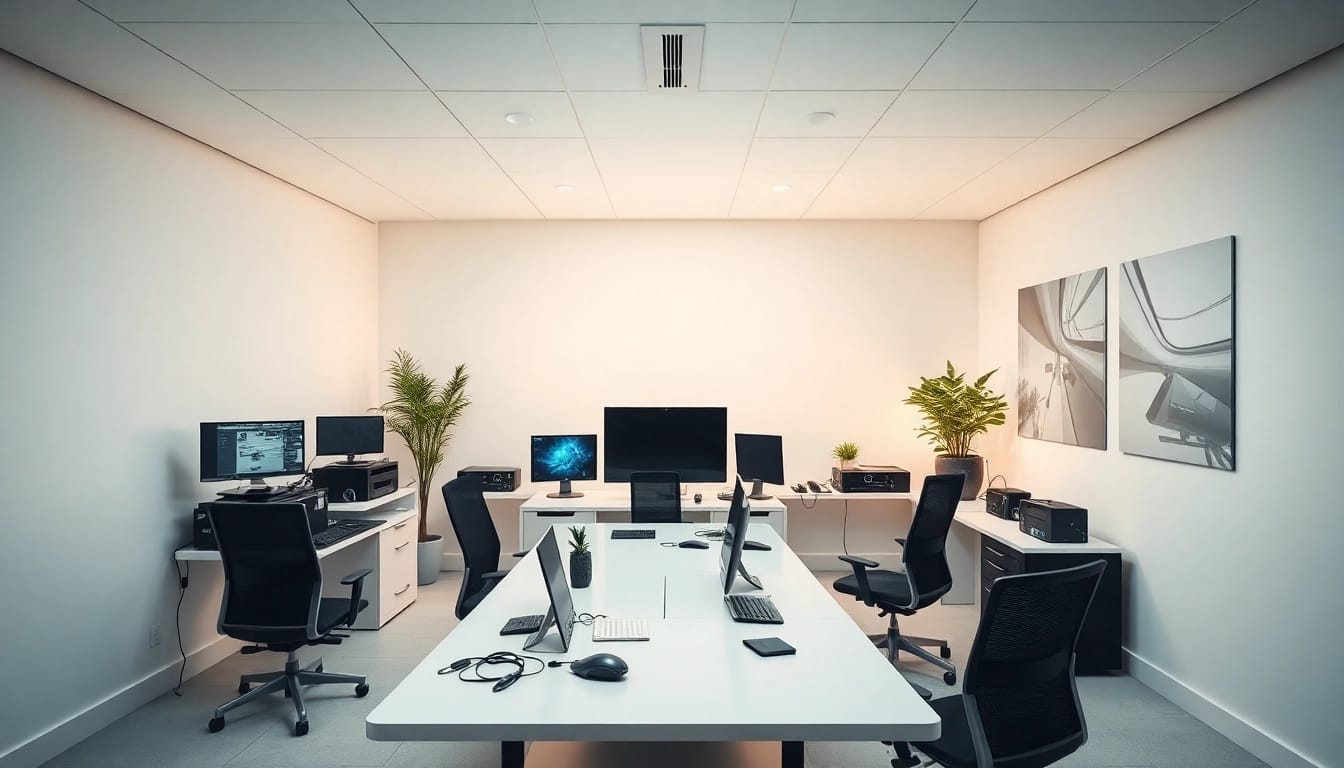 Team arbeitet an elektrischen Geräten zur DGUV V3 Prüfung in einem modernen Büro mit hochwertigen Geräten.