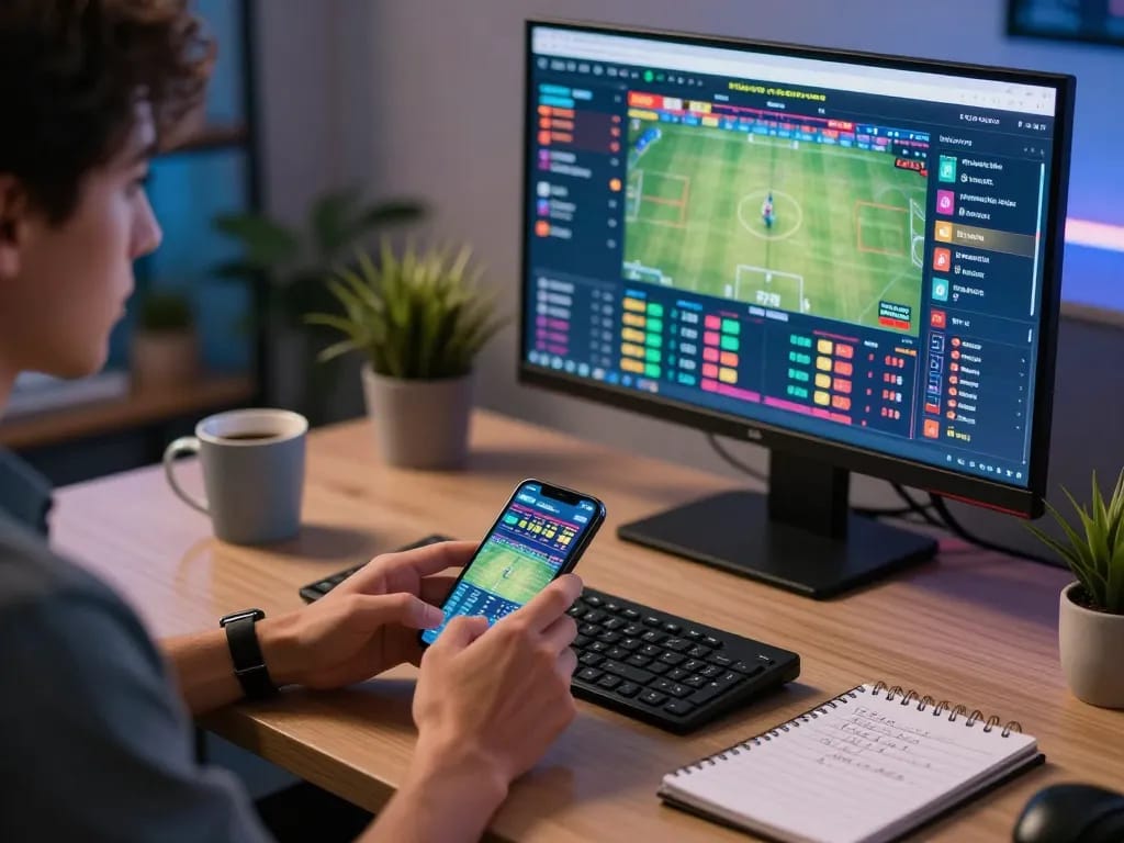 KJC sports betting user placing strategic bets on multiple screens.
