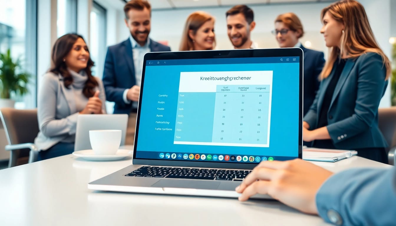 Kreditvergleichsrechner auf einem Laptop in einem modernen Büro zur Finanzberatung genutzt.