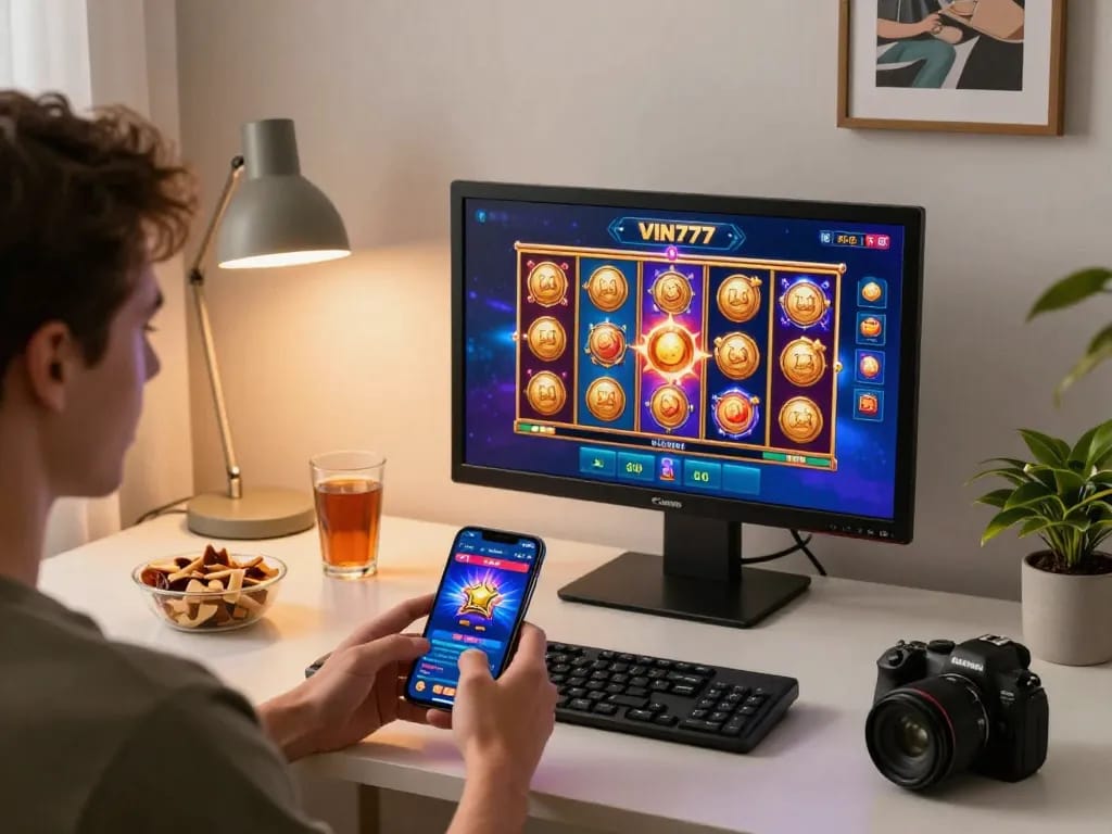 Experience dynamic online gaming with VIN777 mobile app on a stylish smartphone in a cozy home setting.