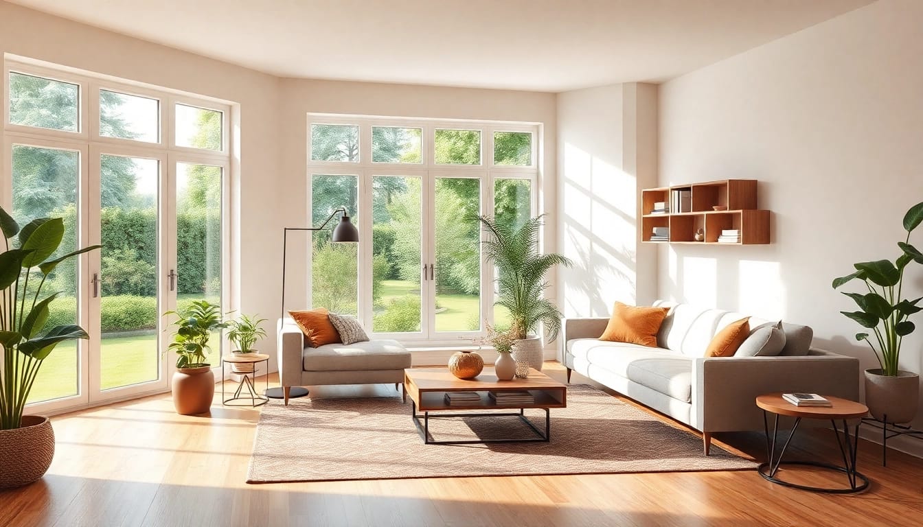 Stylische und ästhetische Raumgestaltung mit modernen Möbeln und Pflanzen im hellen Licht