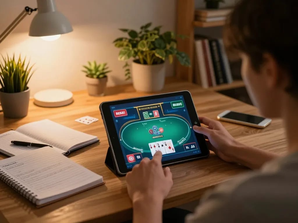 Person engaging in responsible gambling strategies on 99OK using a tablet for online poker.