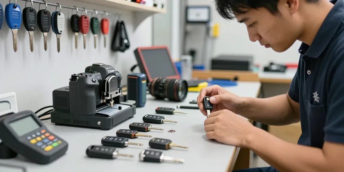 Schlüssel für Auto: Professioneller Schlüsseldienst bei der Arbeit mit verschiedenen Autoschlüsseln und -fobs.