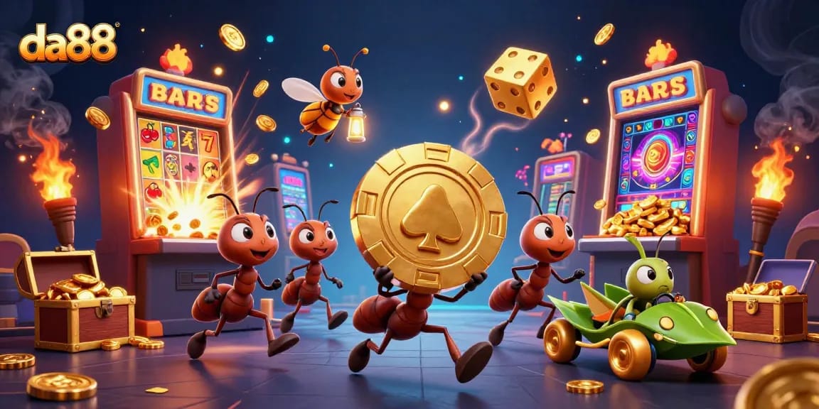 Experience the thrill of da88 with a fun 3D cartoon heist featuring golden poker chips and vibrant casino games.