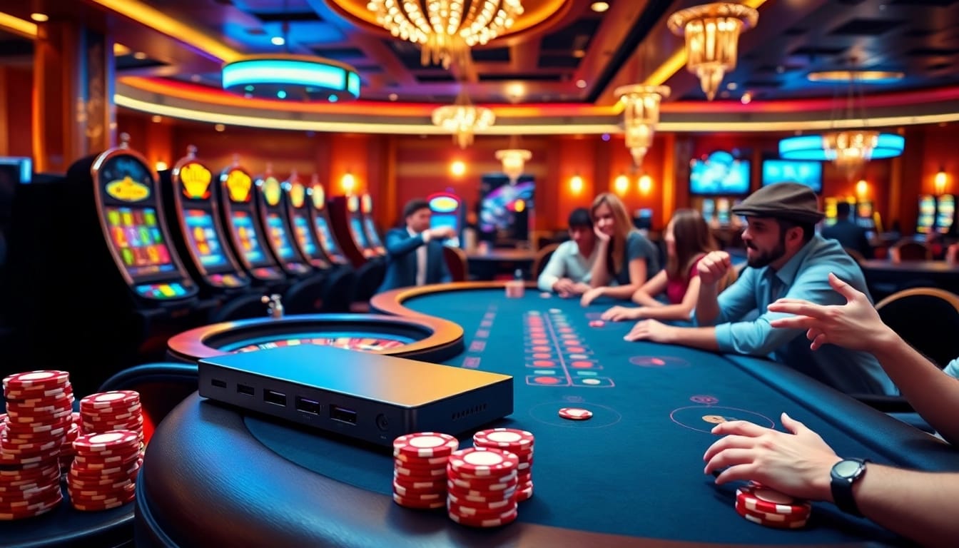 Players celebrating a win beside the CM888 USB-C hub in a luxurious casino setting.