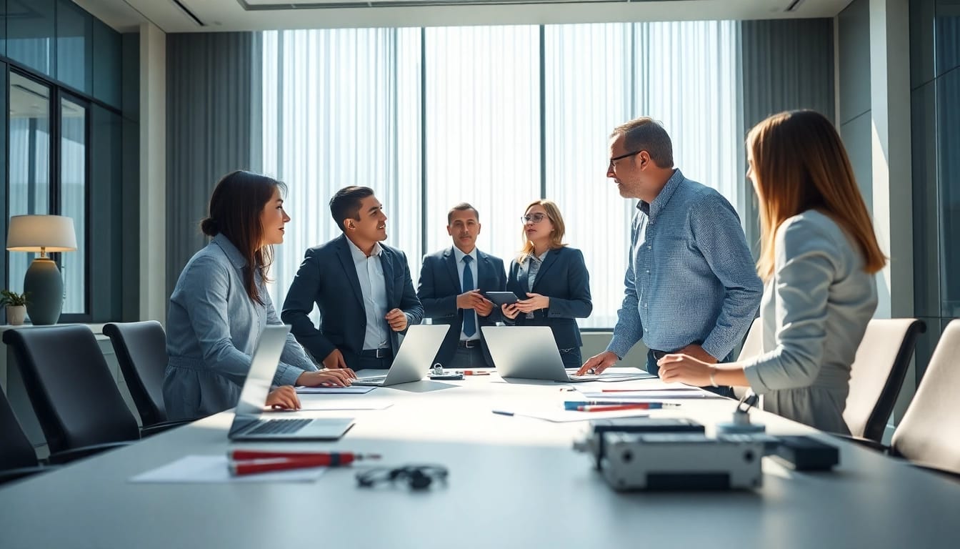 Headhunter Ingenieure im Gespräch mit einem Ingenieure-Team in einem modernen Büro.