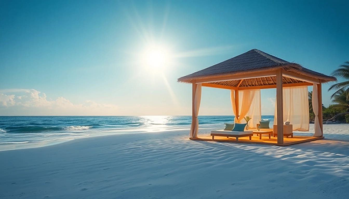 Die Küsten-Cabana bietet einen idyllischen Rückzugsort am Strand mit elegantem Design und entspannenden Annehmlichkeiten.